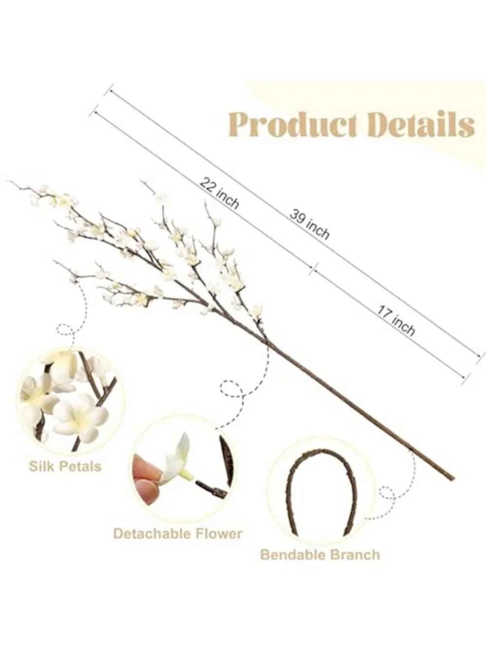 Artificial Cherry Blossom Branches Silk Flowers Tall Vase Home Decor White